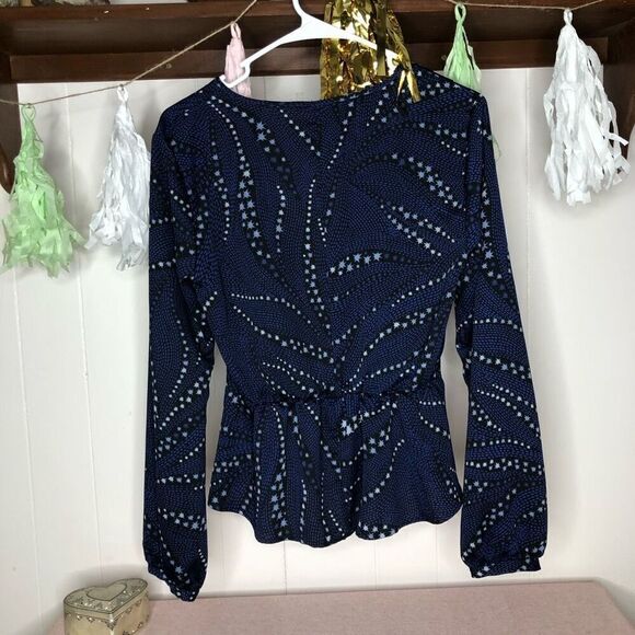 BCBGeneration Womens Star Print Long Sleeve Blouse Top Navy Blue Black Small - Picture 2 of 7